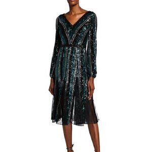 NWT Marchesa Notte Sequin Multicolor Striped V-Neck Long-Sleeve Dress